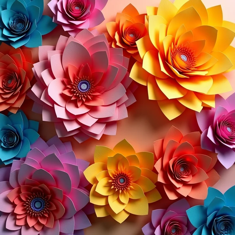 Painéis decorativos de flores de papel com cores vibrantes