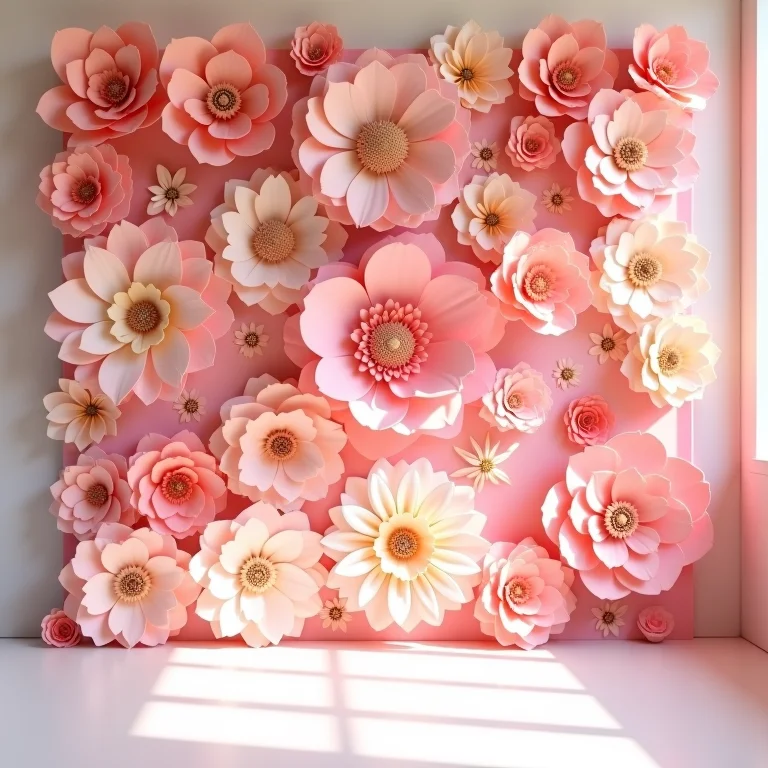 Painel decorativo de parede com flores de papel em diversos tamanhos e cores