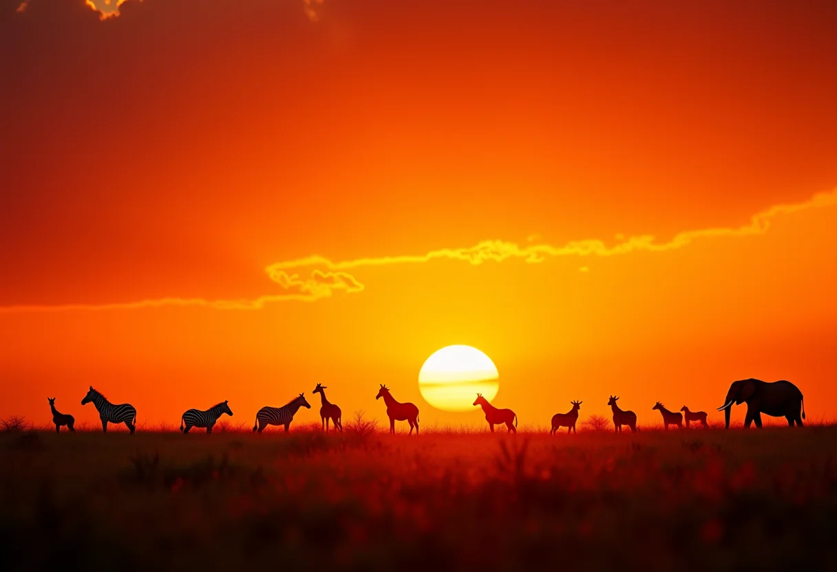 Paisagem da savana africana ao pôr do sol com animais selvagens