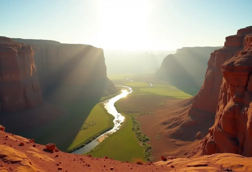 Paisagem deslumbrante com desertos, rios e formações rochosas sob luz natural.