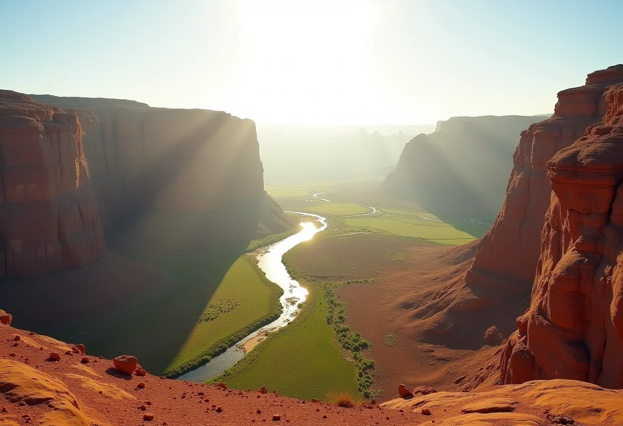 Paisagem deslumbrante com desertos, rios e formações rochosas sob luz natural.