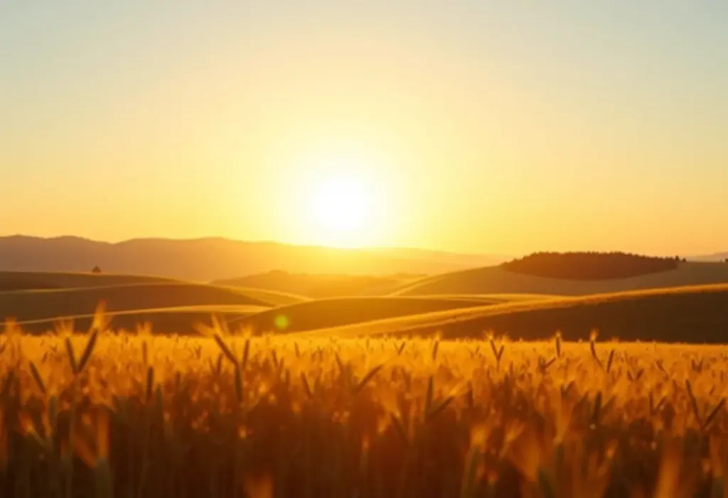 Paisagem ensolarada da Polônia com colinas, campos de trigo e montanhas ao longe