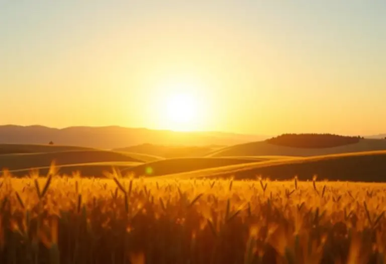 Paisagem ensolarada da Polônia com colinas, campos de trigo e montanhas ao longe