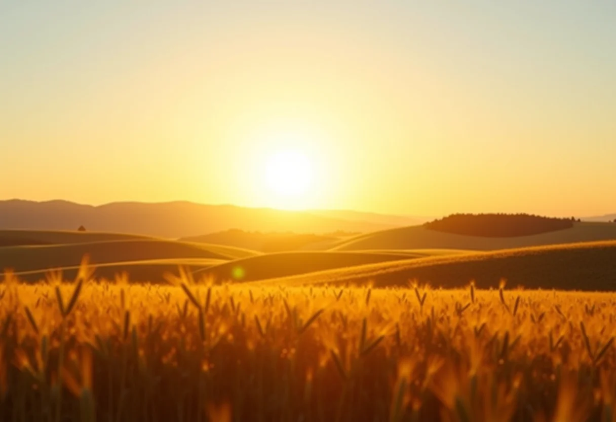 Paisagem ensolarada da Polônia com colinas, campos de trigo e montanhas ao longe