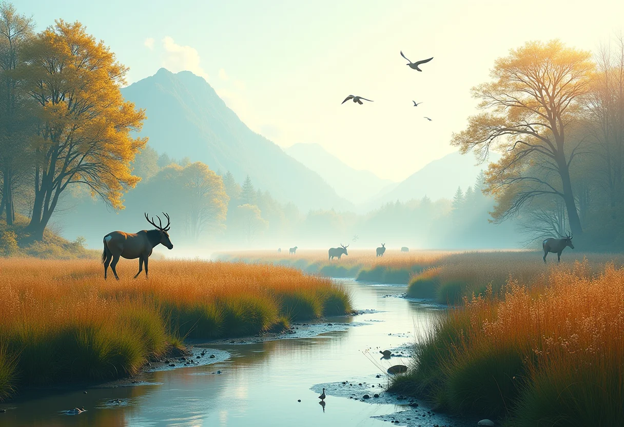 Paisagem exuberante com diversas espécies de animais em harmonia.