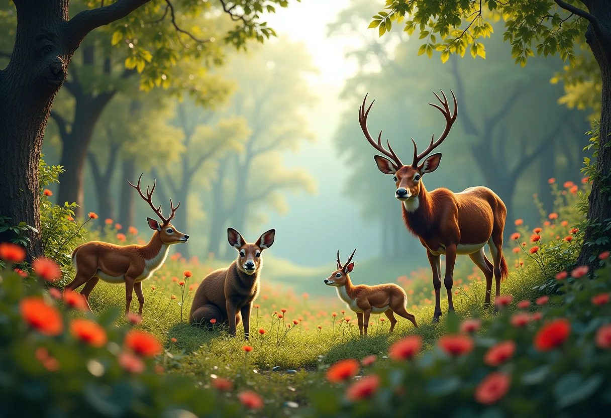 Paisagem exuberante com diversos animais selvagens.