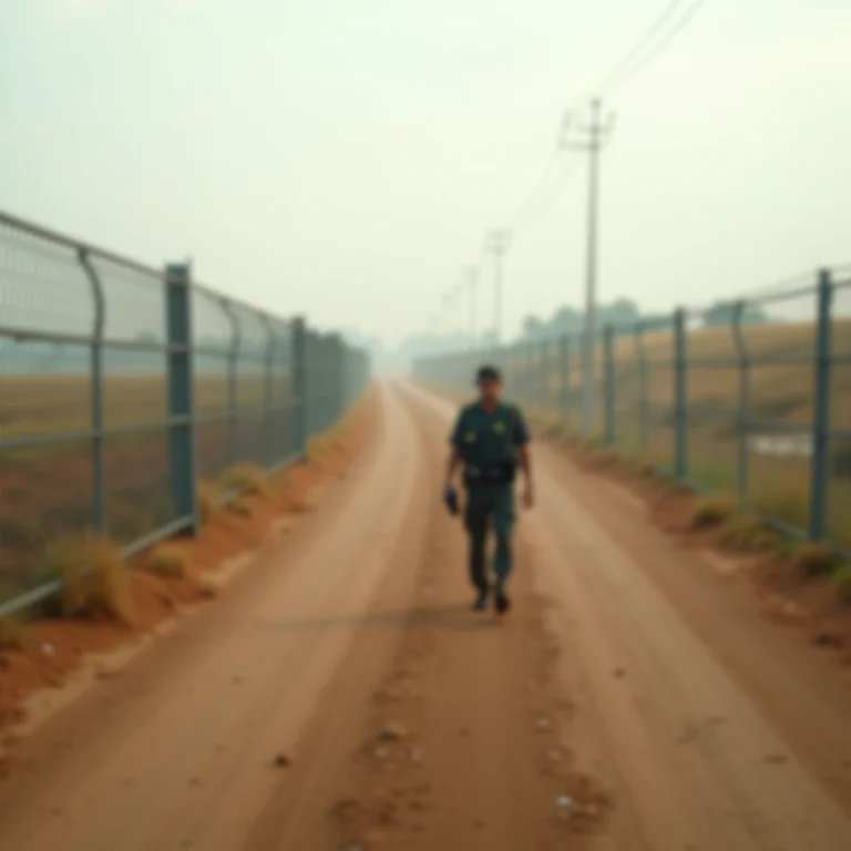 Paisagem na fronteira de Roraima, com segurança em segundo plano