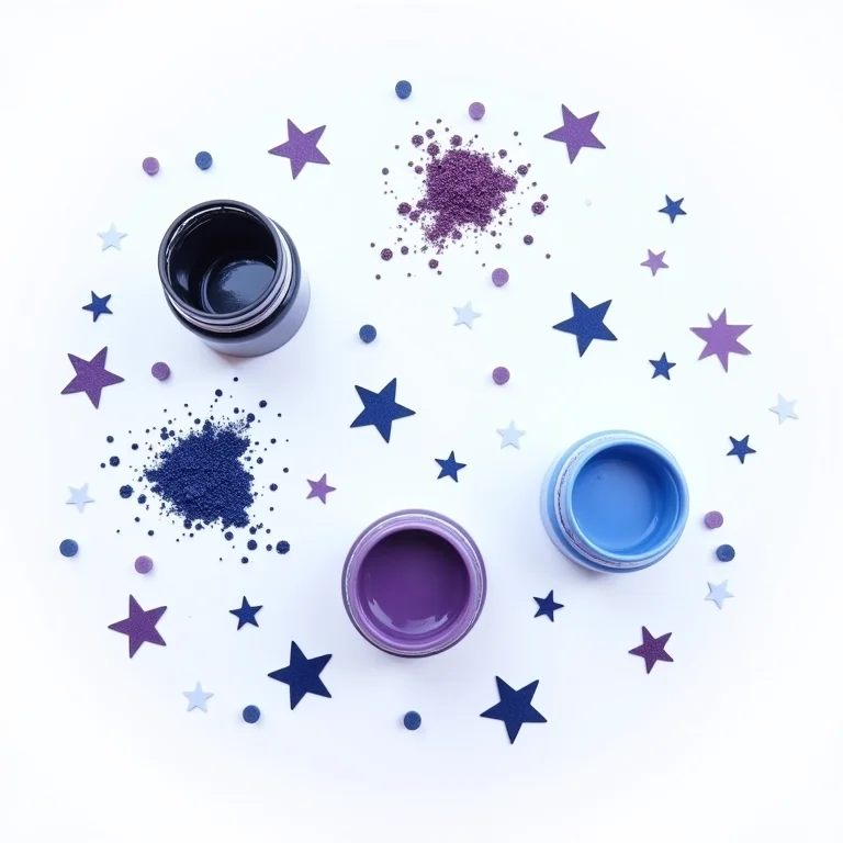 Paleta de cores escuras com tinta, glitter e confetes estelares.