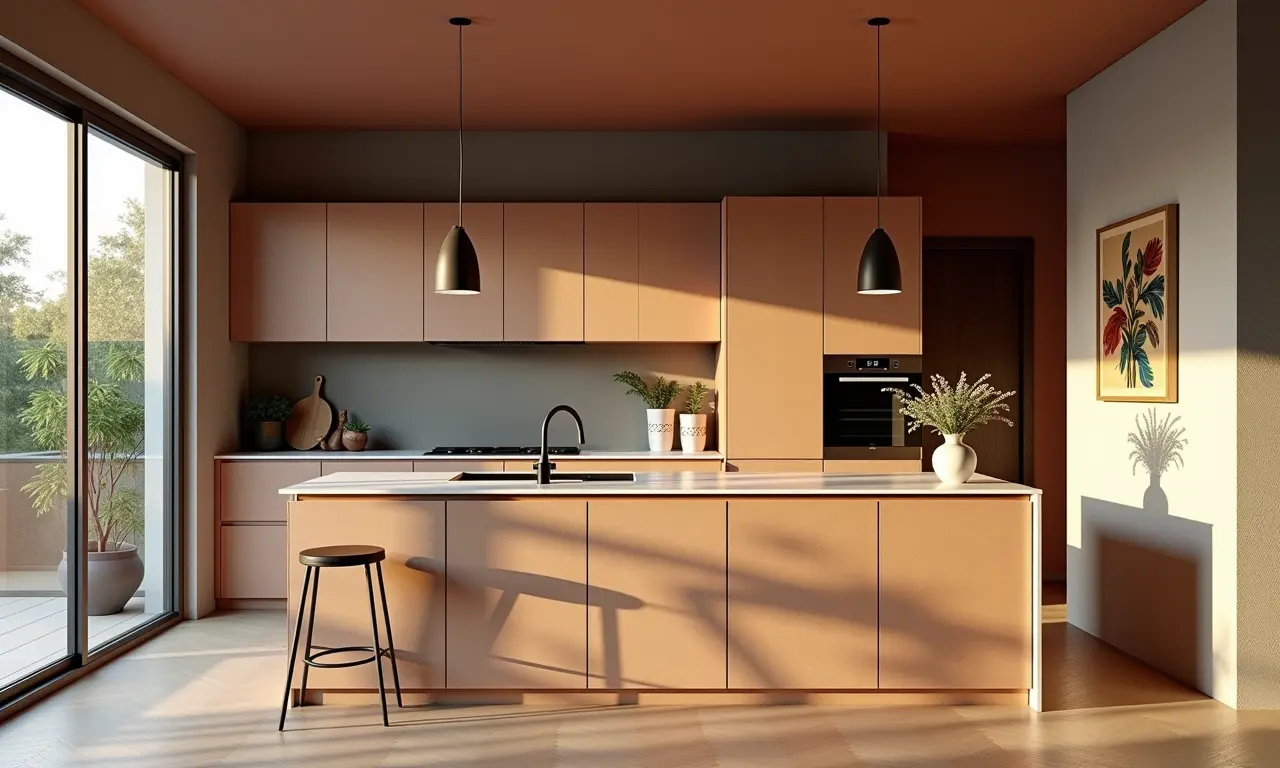 Paleta de cores harmoniosa em cozinha americana com texturas.