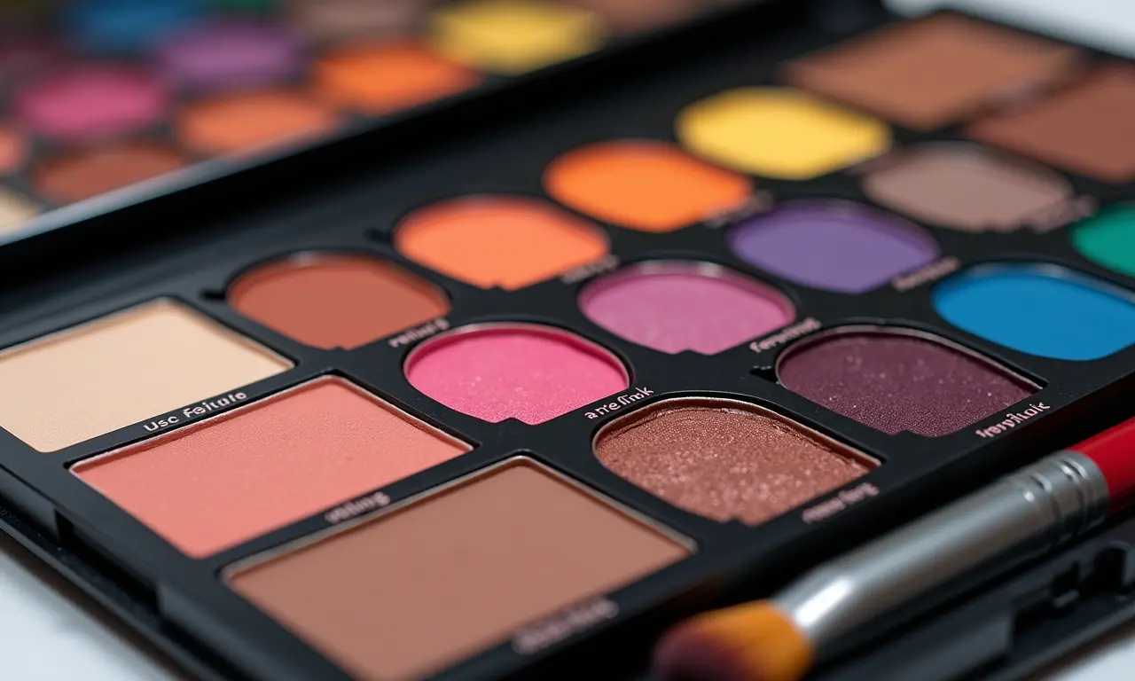 Paleta de sombras versátil com diversas cores e pincéis de maquiagem.