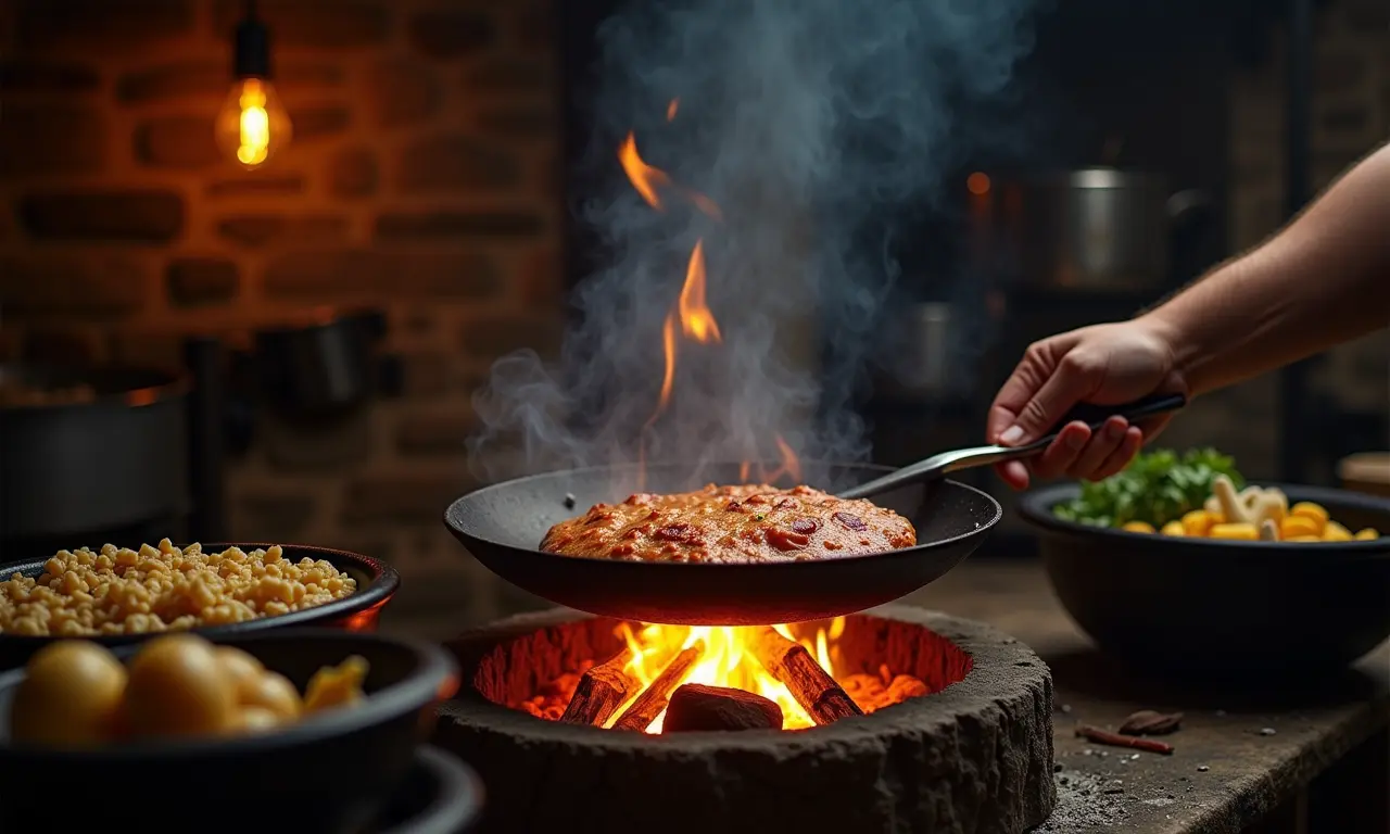 Pantaneiro preparando comida tradicional em cozinha rústica.