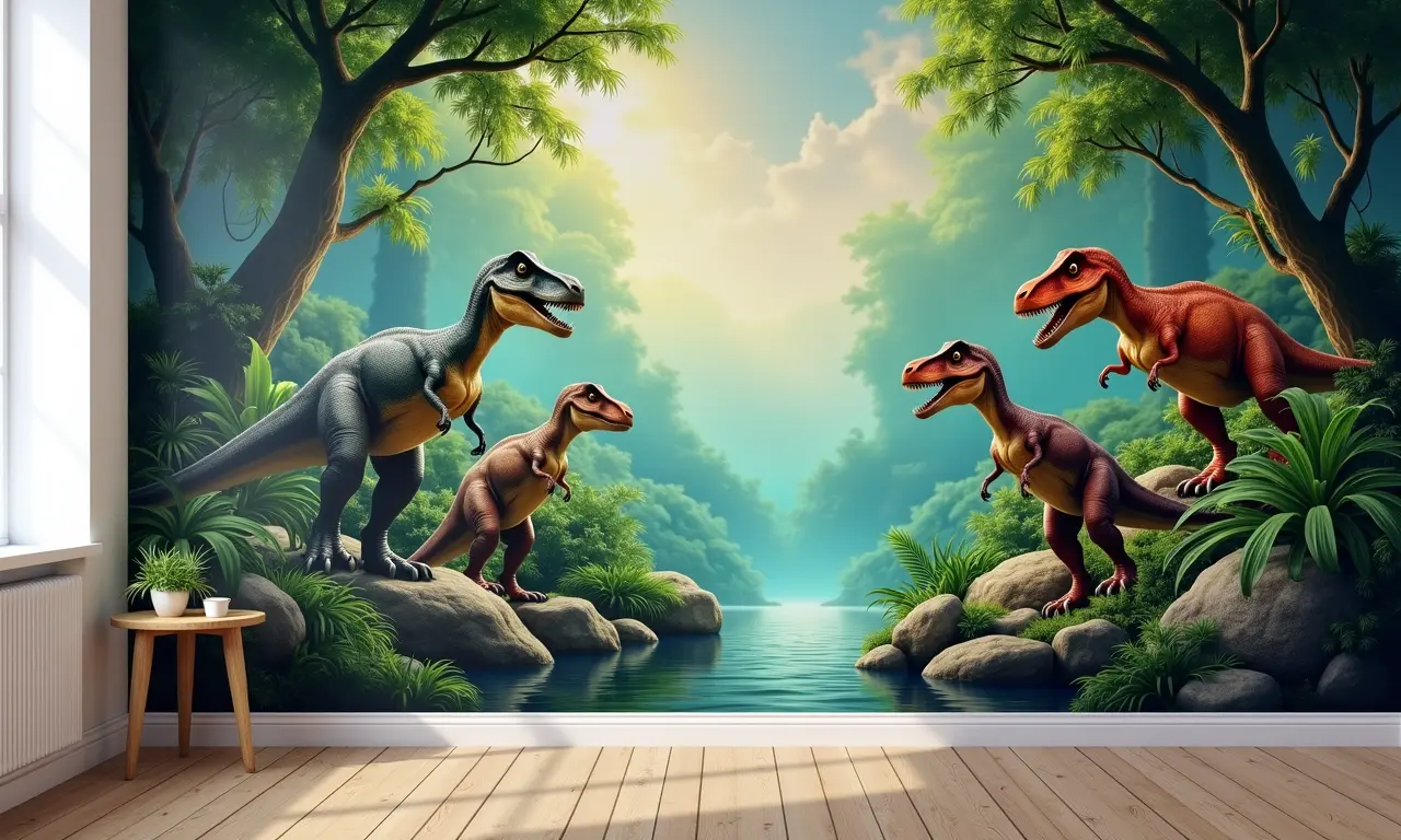 Papel de parede temático de dinossauros com selva exuberante.