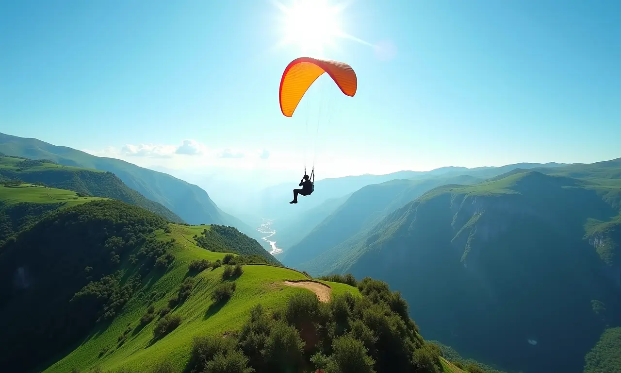 Paraglider voando sobre montanhas em São Pedro, aventura e paisagens exuberantes.