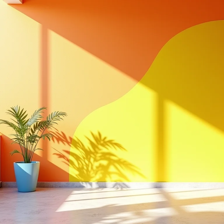 Parede colorida com arte abstrata em tons de amarelo, laranja e azul.
