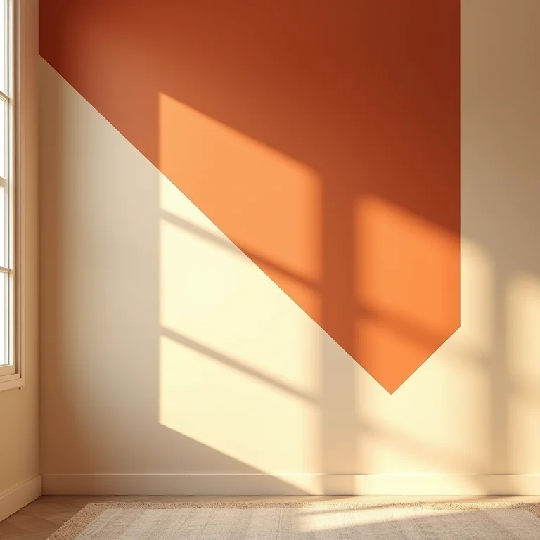 Parede com pintura geométrica em tons terrosos.