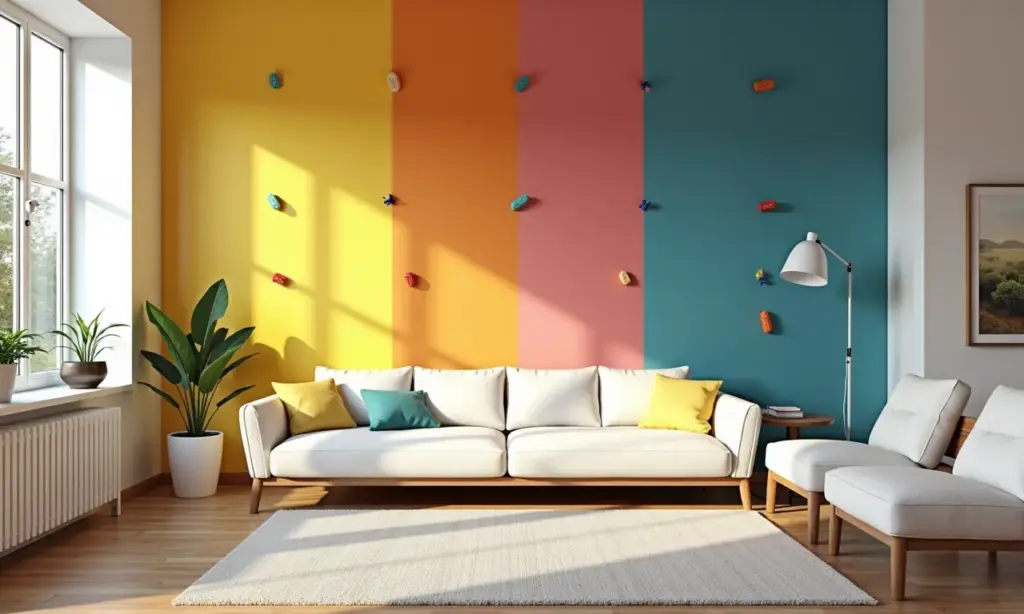 Parede de escalada colorida em sala de estar moderna, ideal para crianças.