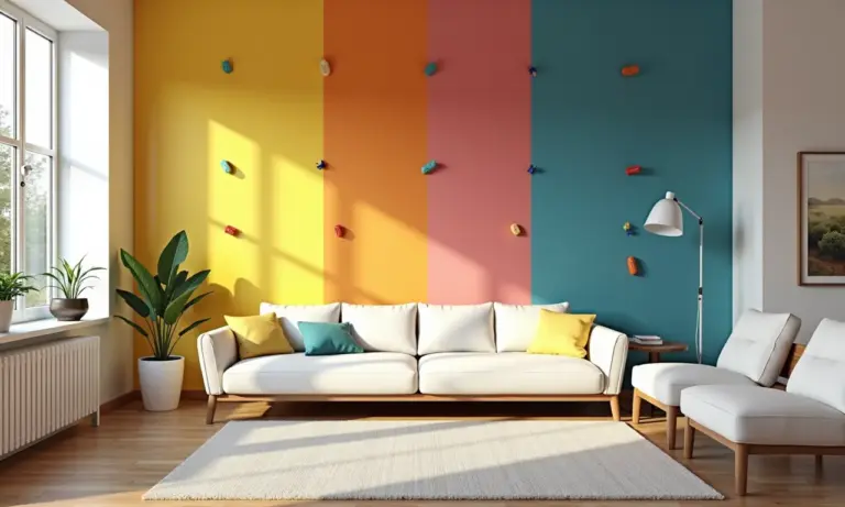 Parede de escalada colorida em sala de estar moderna, ideal para crianças.