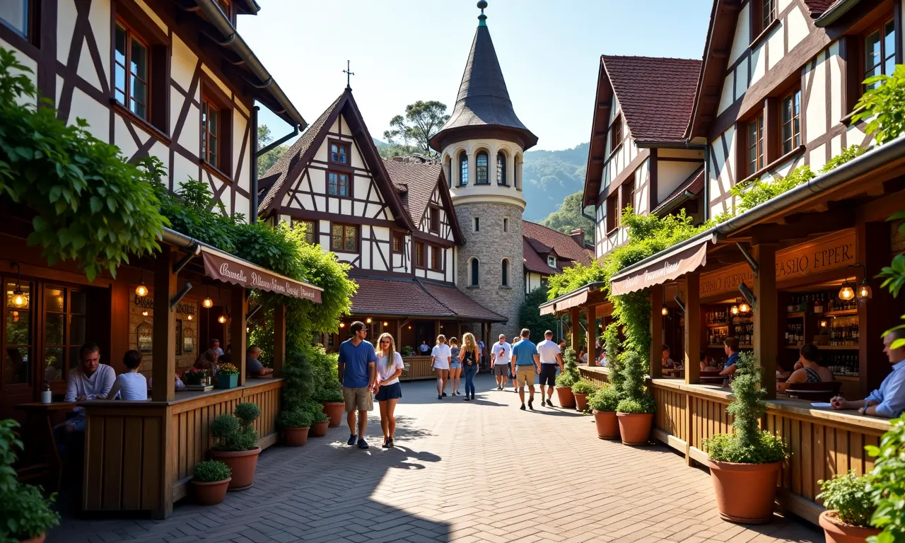 Parque Vila Germânica, com decorações da Oktoberfest, arquitetura alemã e pessoas se divertindo.