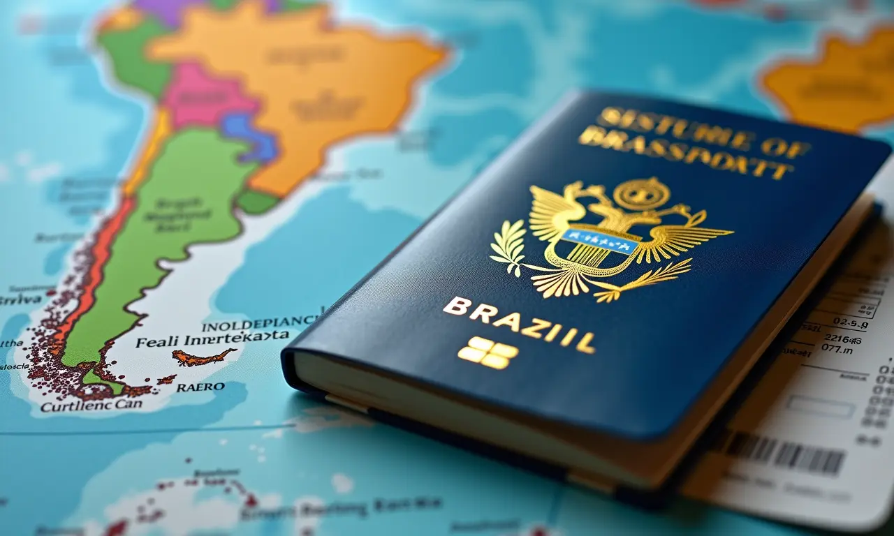 Passaporte brasileiro com mapa do Nordeste ao fundo.