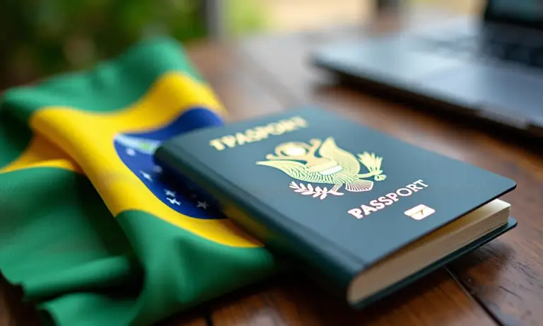 Passaporte brasileiro sobre mesa de madeira com a bandeira do Brasil ao fundo.