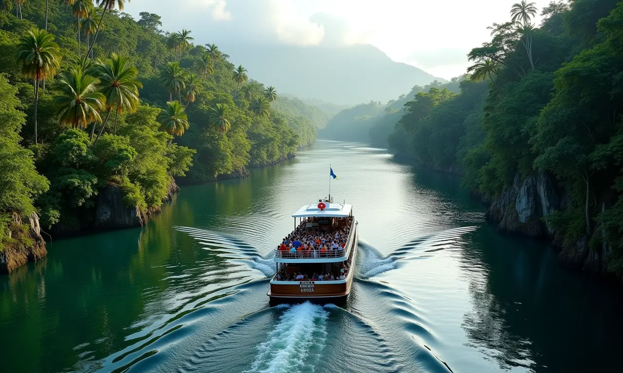 Passeio de barco pelo Canal do Panamá, com a exuberante selva ao fundo.