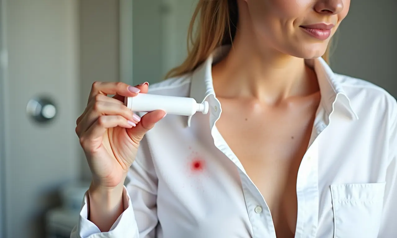 Pasta de dente sendo aplicada em pequena mancha de suor.