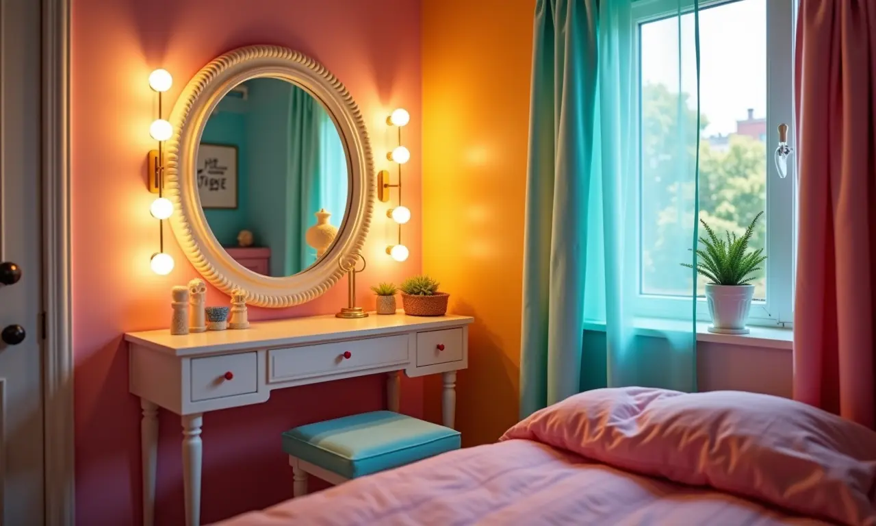 Penteadeira colorida em quarto vibrante e personalizado.