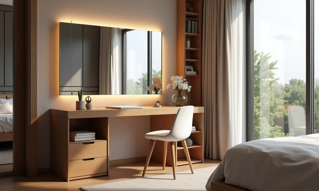 Penteadeira com escrivaninha em quarto pequeno.