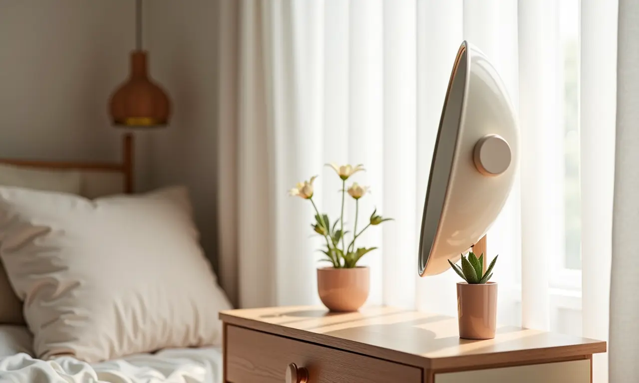 Penteadeira com espelho redondo em quarto moderno.