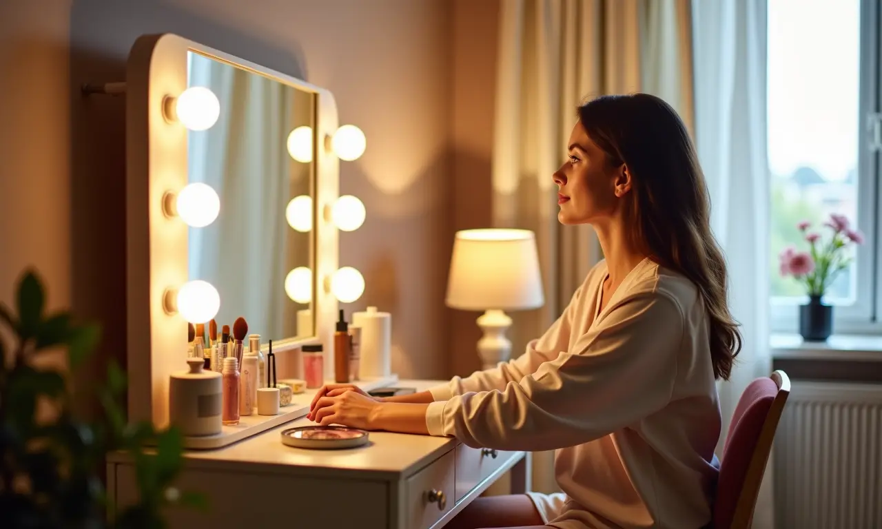 Penteadeira com iluminação ideal para maquiagem.