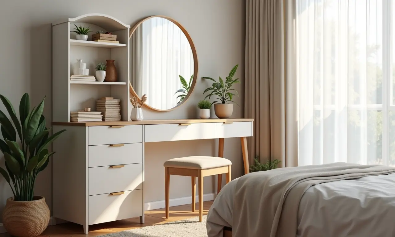 Penteadeira com nichos e prateleiras em quarto organizado.