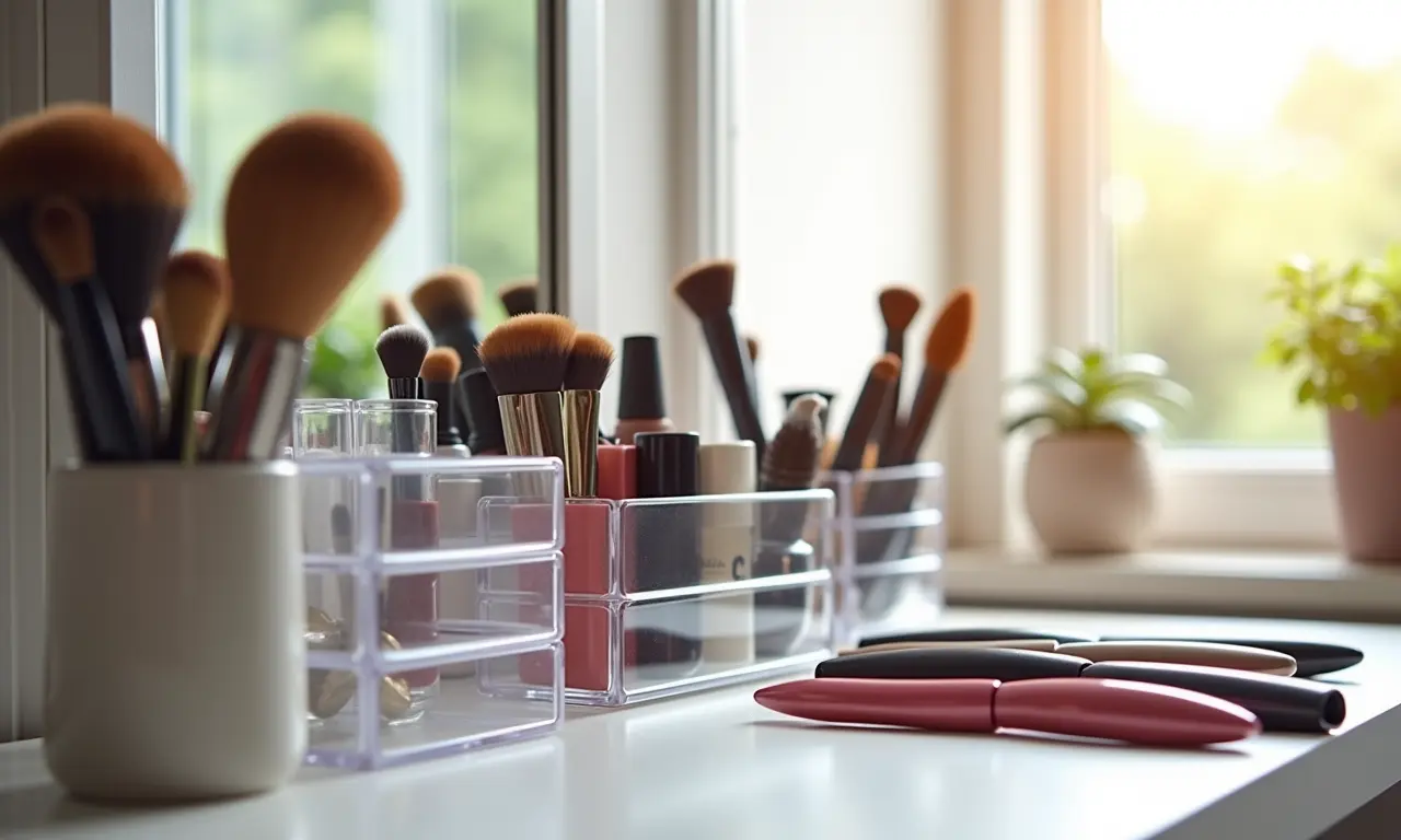 Penteadeira com organizadores de maquiagem.
