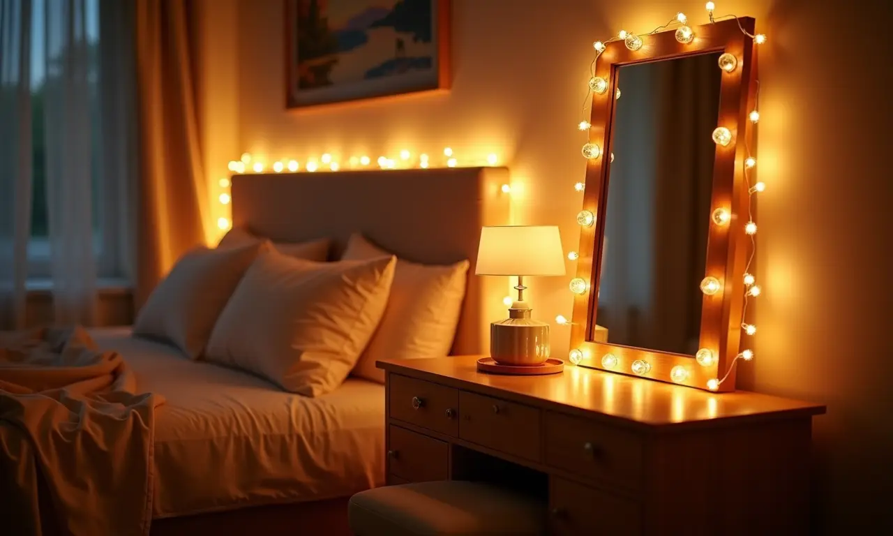 Penteadeira iluminada com cordão de luzes em quarto romântico.