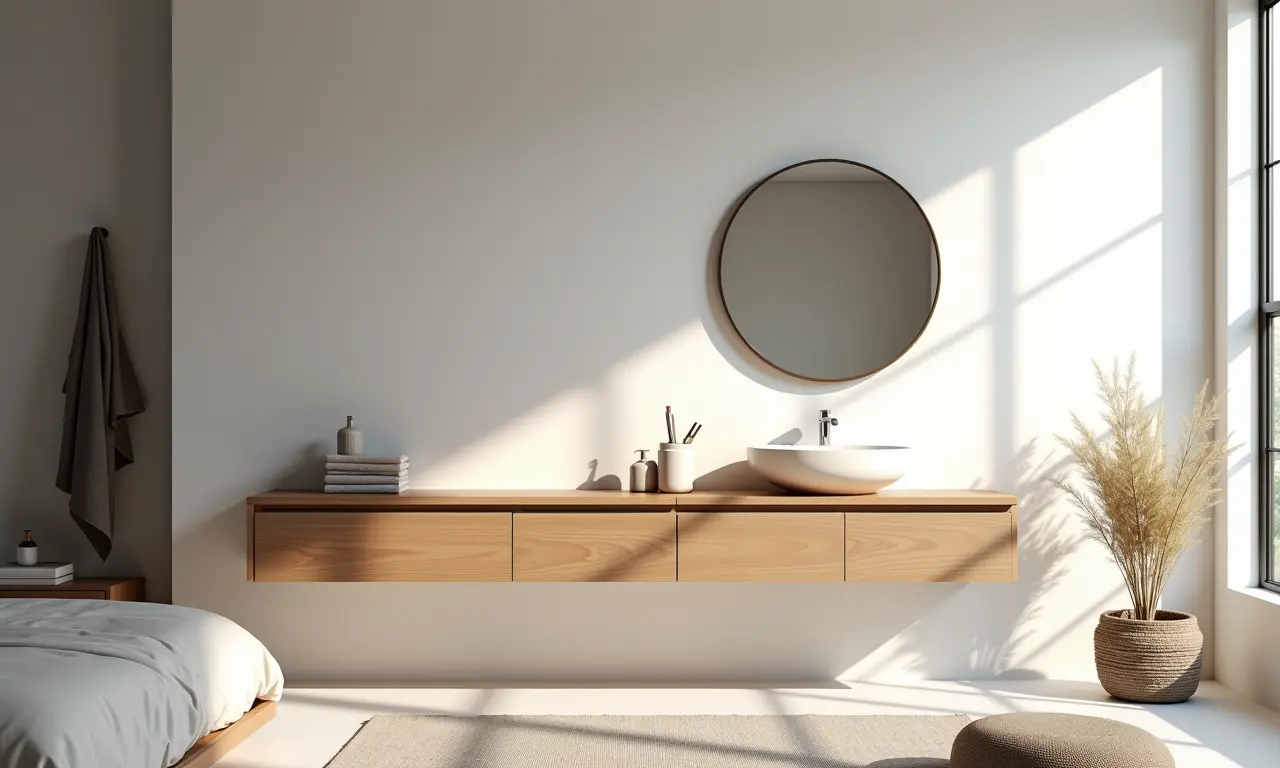 Penteadeira minimalista em quarto funcional e organizado.