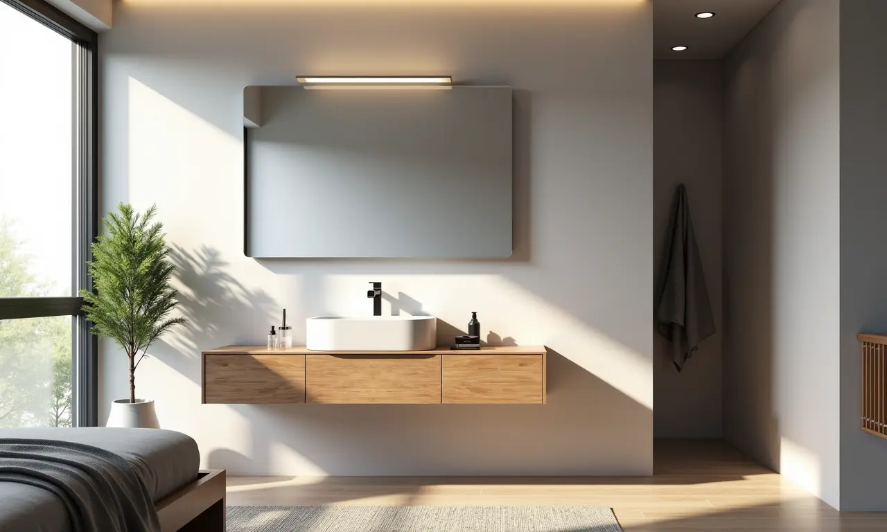 Penteadeira suspensa em quarto moderno e otimizado.