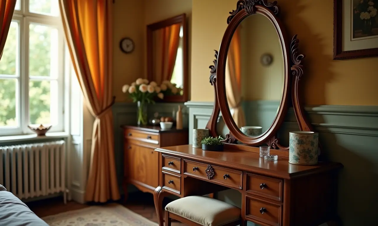 Penteadeira vintage com espelho antigo em quarto clássico.