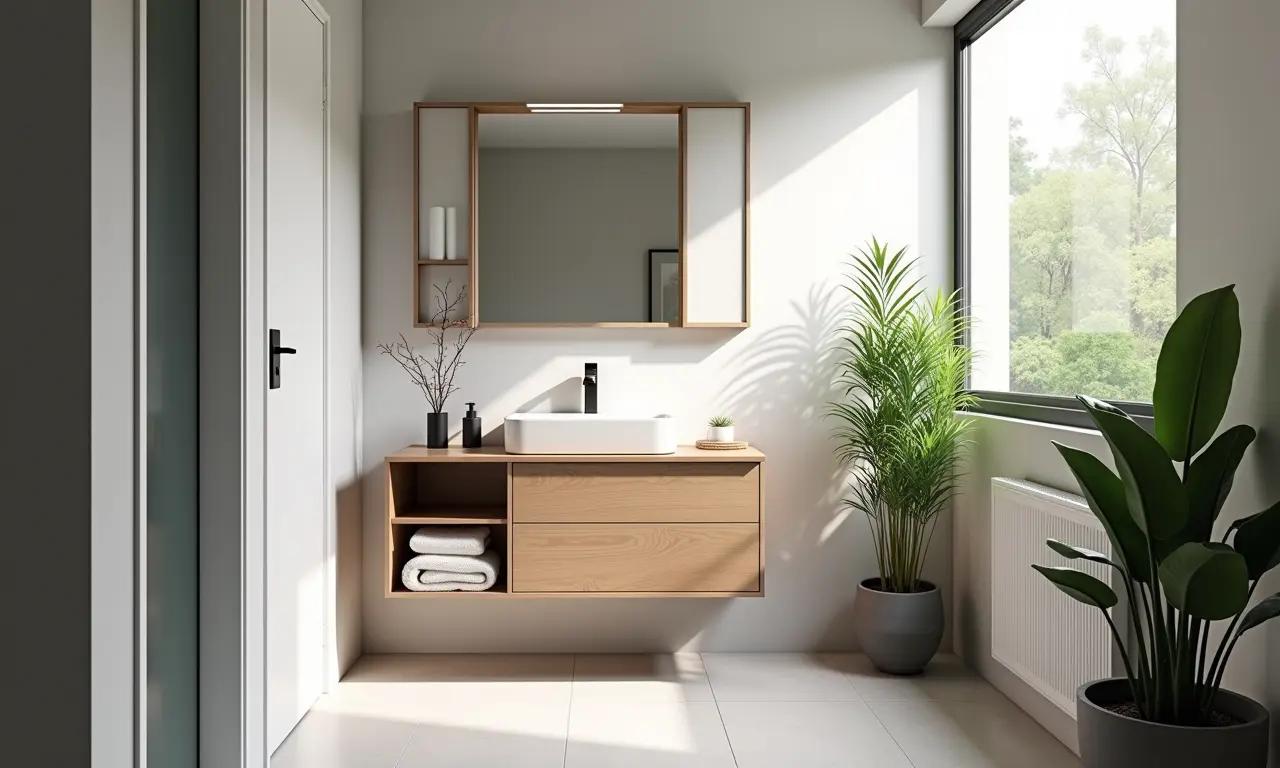 Pequeno banheiro com armário compacto e soluções inteligentes.