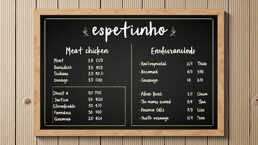 Cardápio de espetinhos personalizado com diversas opções.