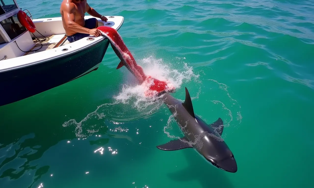 Pescador limpando peixe em barco, sangue e restos atraindo tubarões.