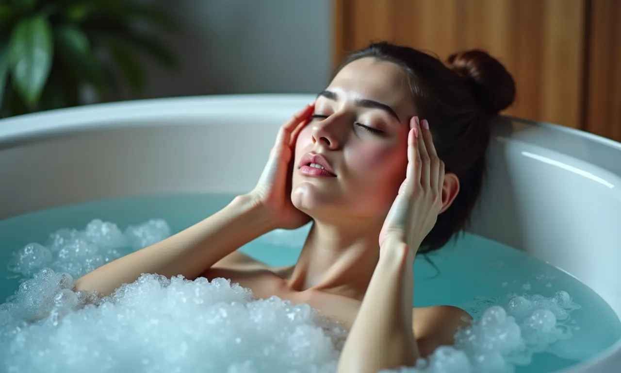 Pessoa aliviando enxaqueca e dores de cabeça com hidromassagem.