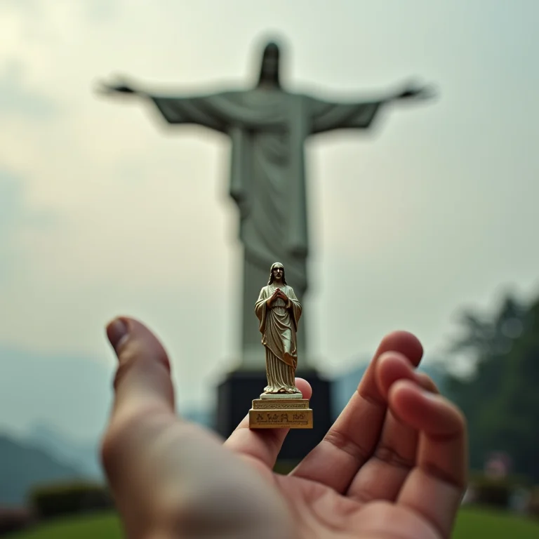 Pessoa brincando com a perspectiva do Cristo Redentor