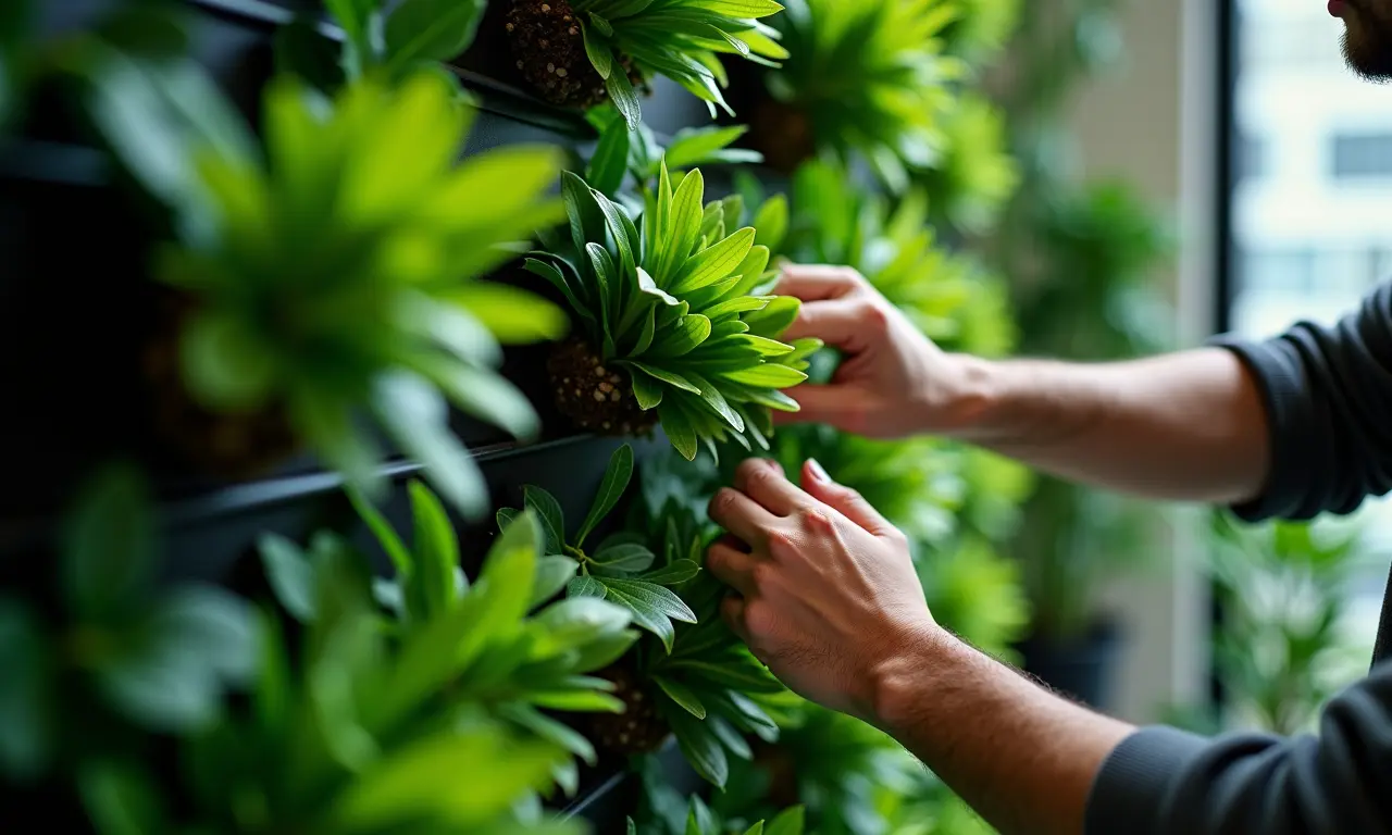 Pessoa montando um jardim vertical com plantas artificiais.