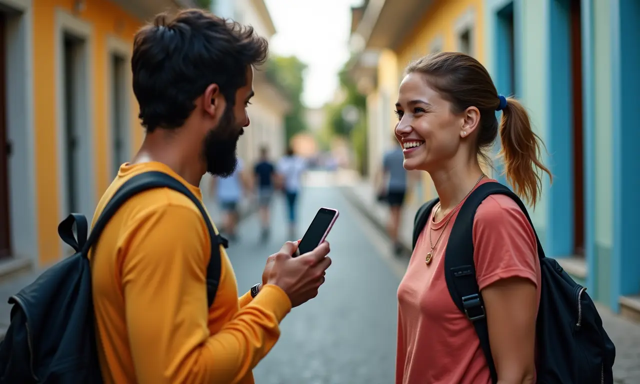 Pessoa pedindo ajuda a um amigo para fazer uma chamada.