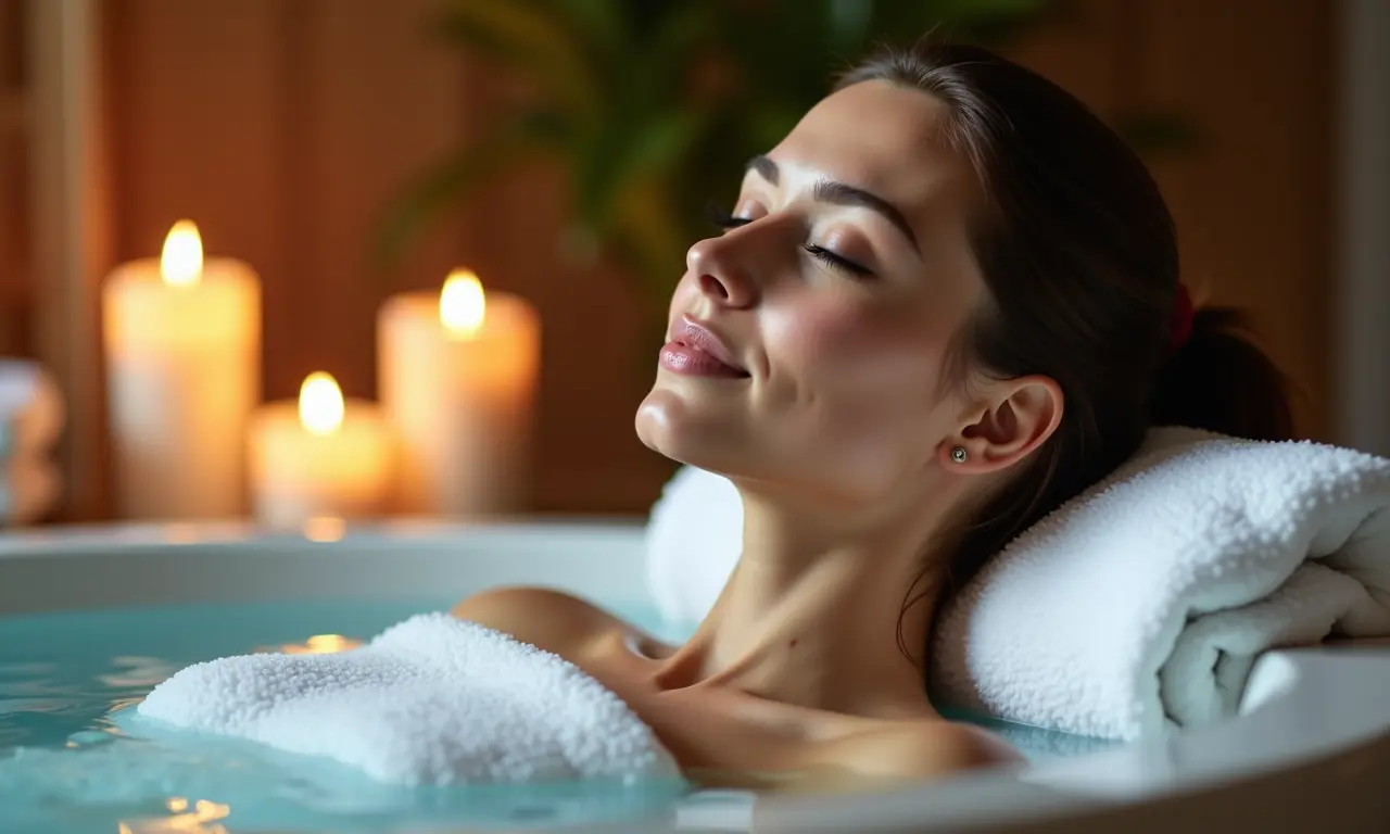 Pessoa relaxando em hidromassagem para redução do estresse e ansiedade.