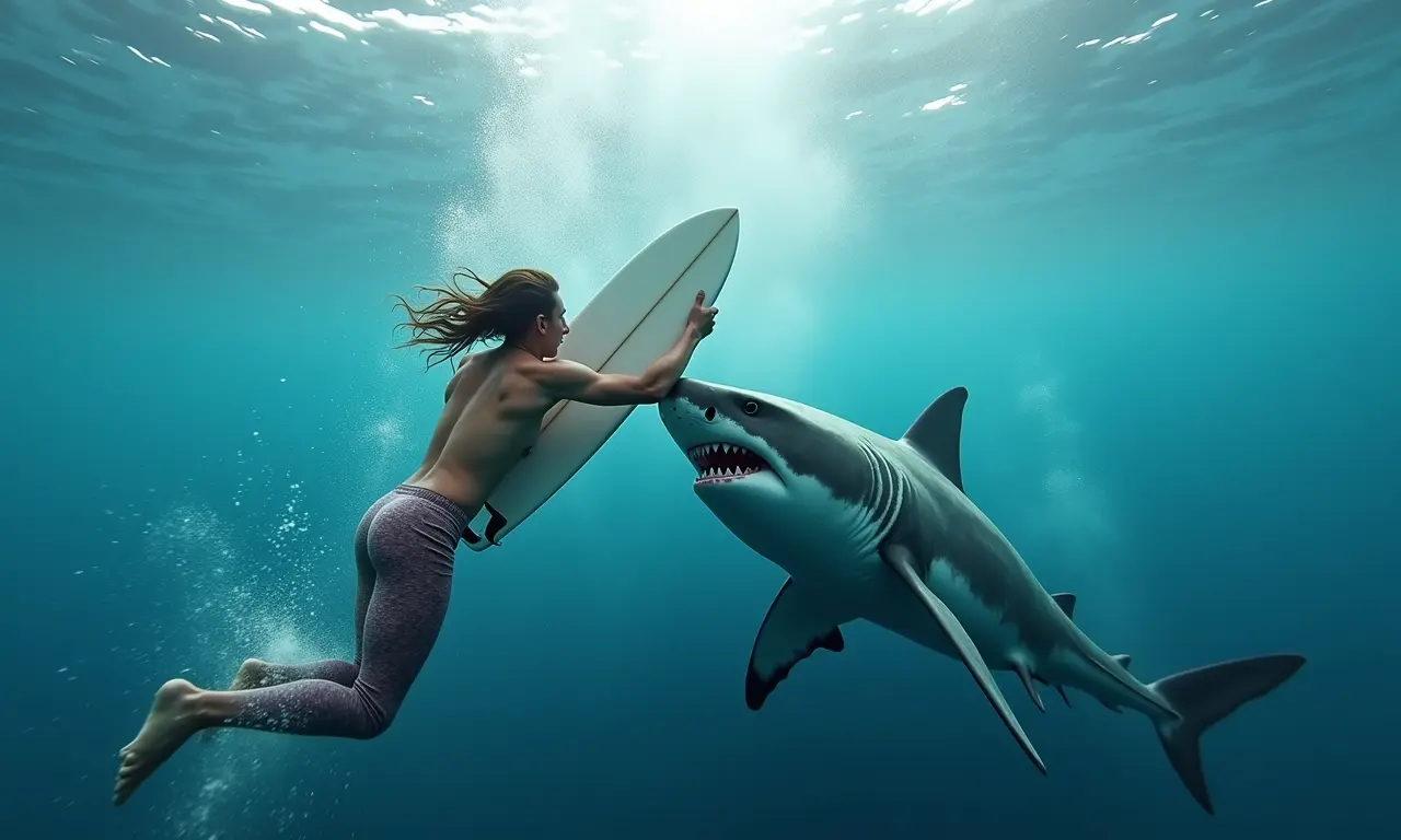 Pessoa se defendendo de ataque de tubarão com prancha de surf.