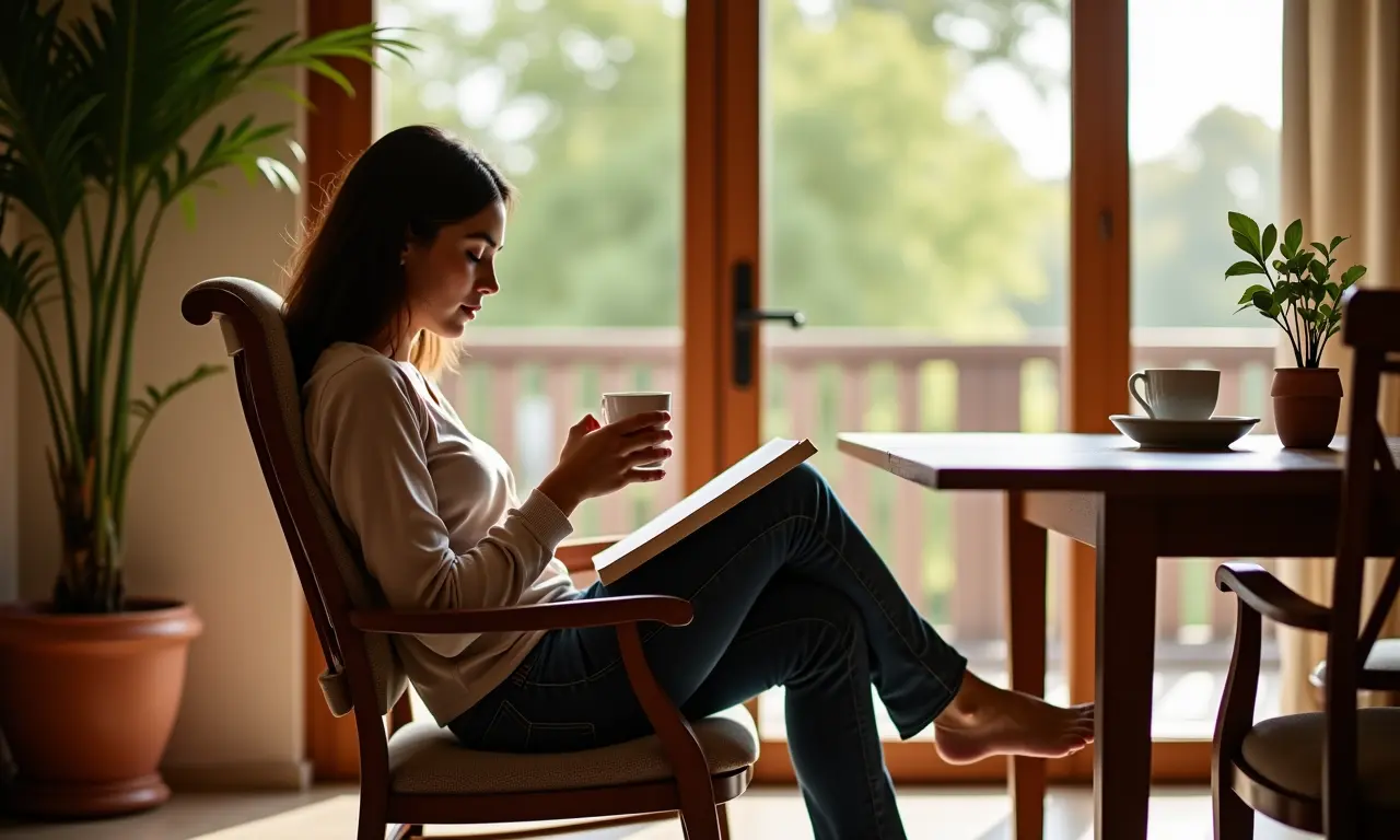 Pessoa sentada confortavelmente em cadeira de jantar lendo.