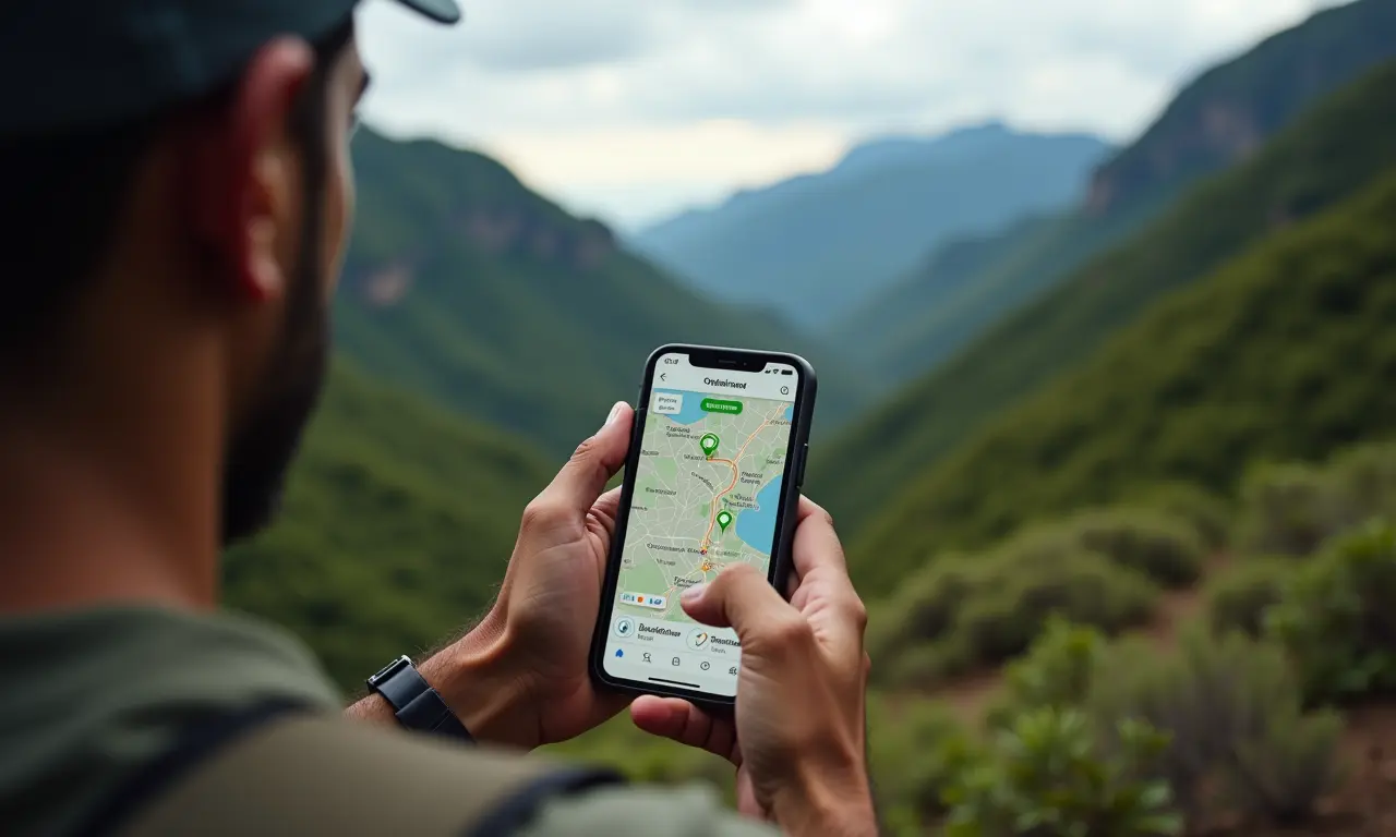 Pessoa usando app de mapas offline durante trilha em paisagem remota.