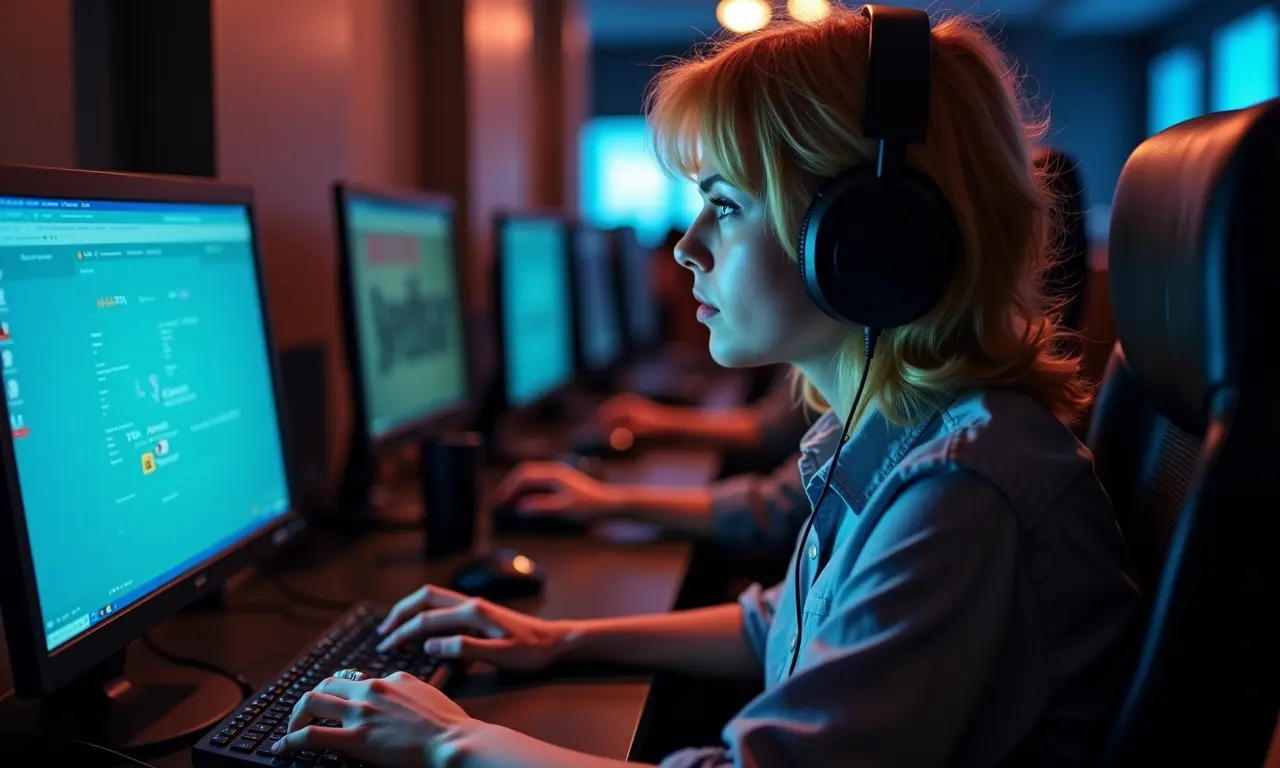 Pessoa usando um computador em um cyber café ou lan house.