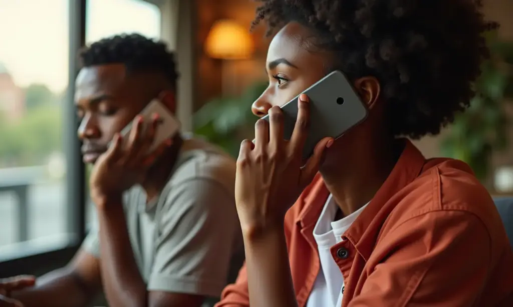 Ligação a Cobrar dos EUA para o Brasil: Descomplicando suas Chamadas! Pessoas de diferentes etnias conversando ao telefone entre EUA e Brasil, simbolizando a ligação a cobrar.