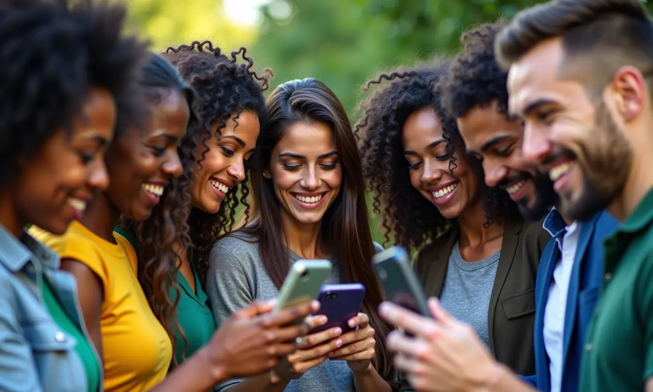 Pessoas diversas usando smartphones para se conectar, representando chamadas a cobrar no Brasil.